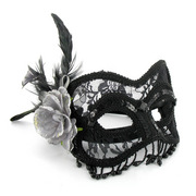 Black Lace Mask with Silver Rose